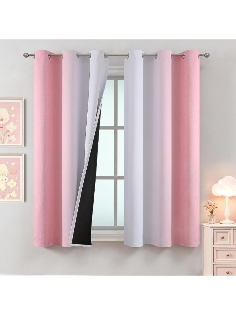 Ombre Pink & Grey Blackout Curtains for Kids' Room, 42x63 Inches, Stylish Decor